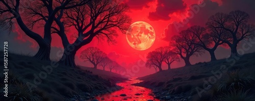 Surreal Twisted Trees and Blood Red Sky A Nightmarish Landscape of Dread and Unease, Perfect for Horror and Fantasy Projects