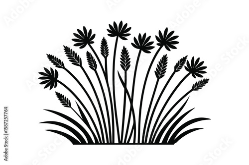 Stylized black silhouette of papyrus plants and wheat stalks