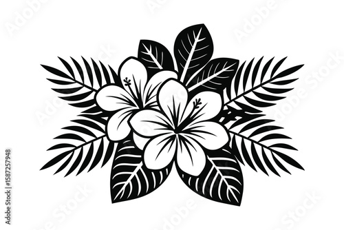 Tropical hibiscus flowers and palm fronds in black and white