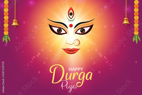 Illustration of Goddess Durga on Pink Background With Flower Garland and Hanging Bells. Indian Hindu Festival Concept For Greetings, Poster, Banner Etc.