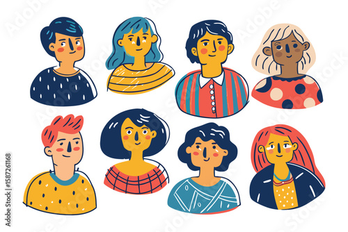 Diverse Portraits: A vibrant collection of hand-drawn portraits, each uniquely expressive, capturing the essence of diverse individuals and cultures.