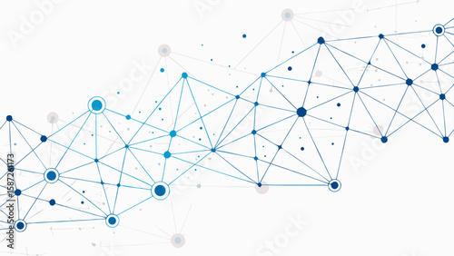 Network of interconnected blue dots and lines on white