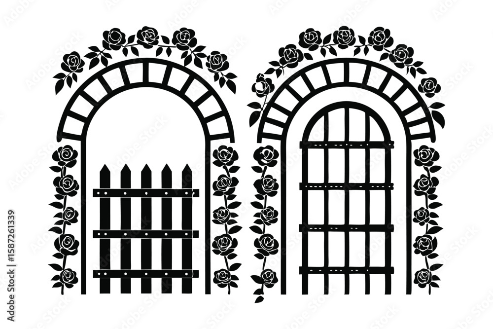 Fototapeta premium Black silhouette of rose covered garden arches with gate and window