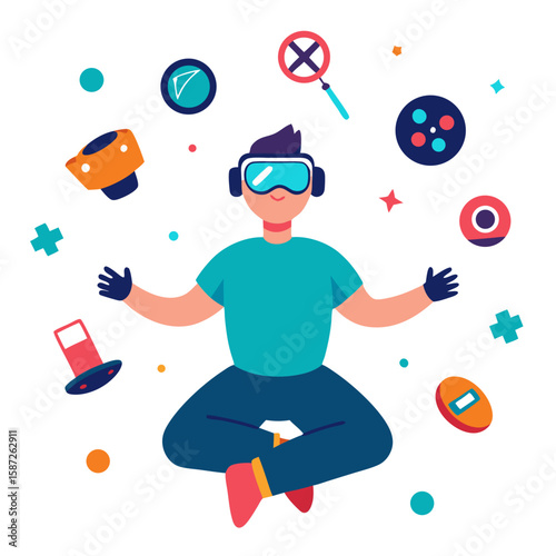 VR Gamer in Action with Headset and Floating Game UI Vector