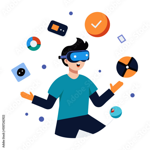 VR Gamer in Action with Headset and Floating Game UI Vector