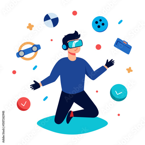 VR Gamer in Action with Headset and Floating Game UI Vector