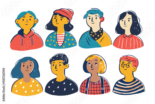 Diverse Portrait: A set of diverse portrait illustration showing individual with different characteristics, highlighting the beauty in diversity and uniqueness.