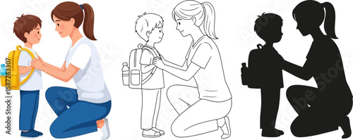 Mother preparing her child for school in color, line art and silhouette