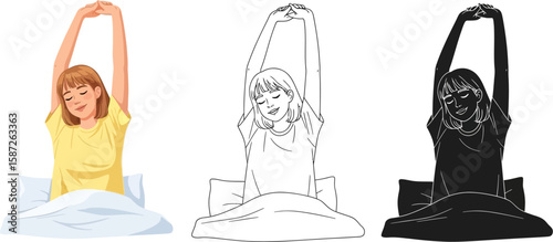 Girl stretching in bed showcases healthy morning habits and lifestyle.