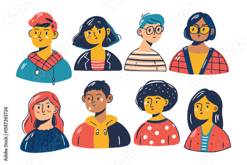Diverse avatars: Collection of eight unique hand-drawn avatars, showcasing diverse ethnicities and hairstyles. Perfect for websites, social media, and presentations needing diverse representation.