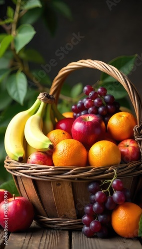 Overflowing Rustic Basket of Vibrant Fruits Bananas, Oranges, Apples, and Grapes ? Healthy Eating, Market, and Farm Theme