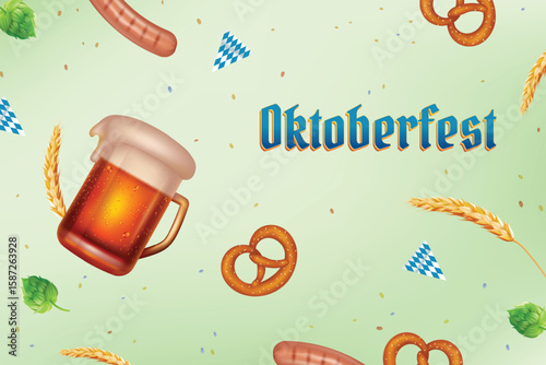 Oktoberfest Beer Festival Elements on Pastel Green Background. Vector Illustration of Beer Mug, Bretzel, Sausage, Hops and Bavarian Flag.