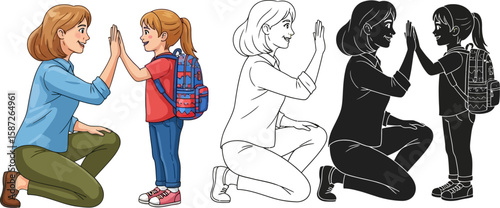 Smiling mother and daughter giving a high five going back to school