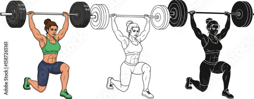 Fit female athlete lunges with weightlifting barbell illustration set