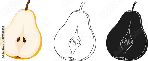 Three pear halves show fruit, outline, and silhouette against a white backdrop.