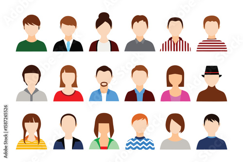 Diverse Avatar Collection: A diverse assortment of simple avatars showcasing a variety of hairstyles, attire, and facial features, ideal for illustrating user profiles, social media representation.
