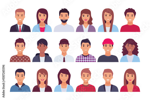 Diverse Avatar Collection: A captivating array of avatars representing various individuals. Displaying the diversity of human faces, this collection showcases unique features, expressions, and styles.
