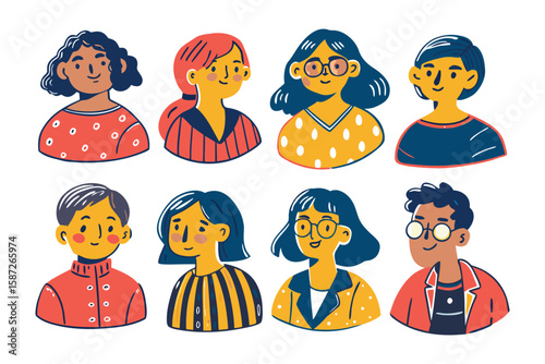 Diverse Expressions: A vibrant collection of eight illustrated portraits, each radiating unique character and individuality through diverse expressions, hairstyles, and attire. 