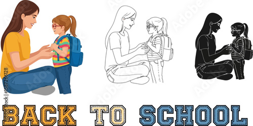 Mother prepares her daughter for back to school in colorful illustrations
