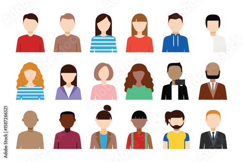 Avatars in Array: A collection of diverse avatars, representing a variety of individuals with unique styles, designed for digital representation and online engagement.