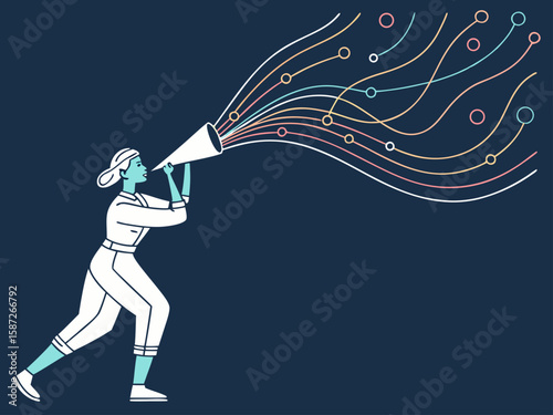 Visionary's Conduit: A determined figure, holding a megaphone that channels a stream of digital data, symbolizing the power of communication and technological advancement in a dynamic illustration.