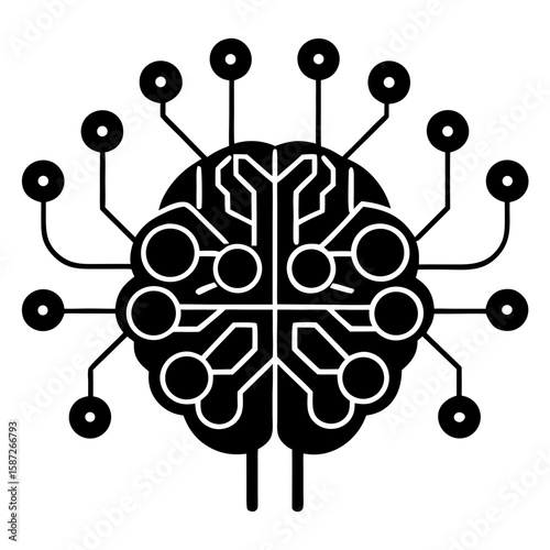 Neural Network Brain:  A stylized illustration of a human brain interconnected with a network of nodes, representing artificial intelligence, neural networks, and the interconnectedness of data.