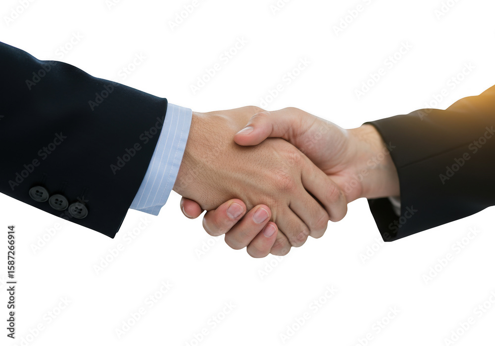Two businessmen shaking hands firmly in agreement isolated on transparent background Two businessmen shaking hands firmly in agreement isolated on transparent background