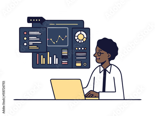 Data Analyst at Work: A data analyst reviews key performance indicators on a large dashboard, using a laptop to analyze data and charts. 