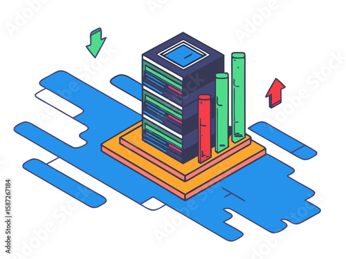 Data Center Illustration: A dynamic isometric illustration of a data center, with server stacks, growth bar and up and down arrows, representing data processing and information flow.