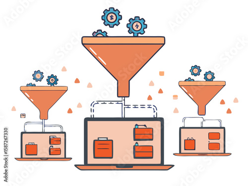 Data Processing & Business Technology: An abstract composition showcasing business technological processes, data conversion, data filtration