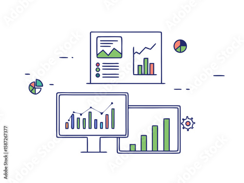 Data Visualization: Illustrative of business graphs, statistical charts, and analytical diagrams on multiple computer monitors and a sleek digital dashboard.