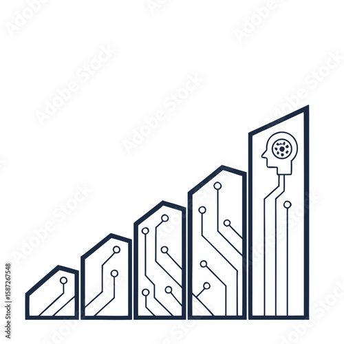 Progressive AI Chart: A conceptual, graphic representation of technological and artificial intelligence development, depicted through a stylized ascending bar graph that symbolizes growth.