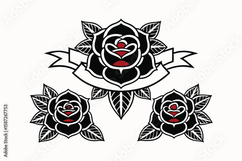 Traditional black roses with red accents and banner tattoo design