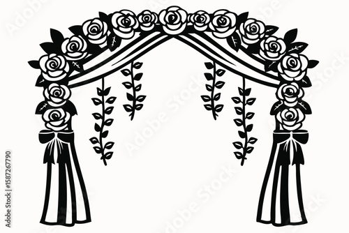 Elegant black and white rose wedding arch with draping fabric