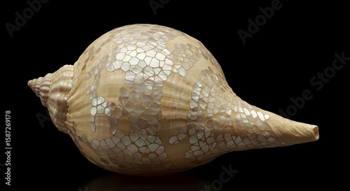Elegant Conch Shell with Mother of Pearl Mosaic on Black Background