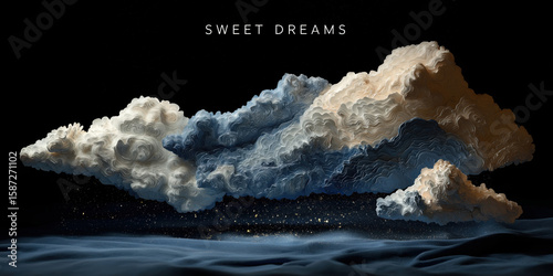 dreamy night sky illustration in layered paper cut style with clouds, crescent moons, and golden stars surrounding the phrase sweet dreams