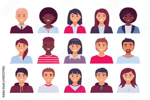 Diverse Portraits of People: An engaging collection of illustrated headshot portraits, capturing a spectrum of appearances with distinct identities, reflecting the variety of human expression.