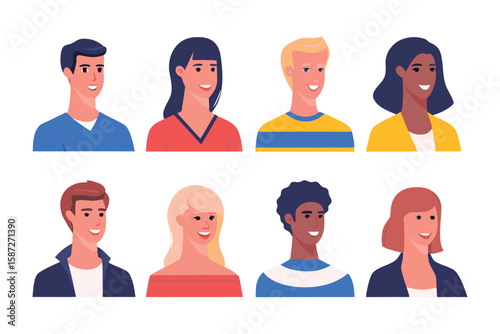 Diverse Portraits: A collection of vector-style illustrations showcasing a range of individuals, each with unique features and expressions, exuding a sense of community and inclusiveness. 