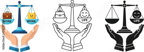 Balance work and life illustrations with hands supporting scales