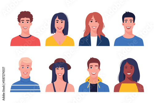 Diverse Portraits: A collection of smiling individuals of various descents, showcasing a spectrum of emotions and styles, embodying the beauty of unity and inclusivity in graphic resource format.