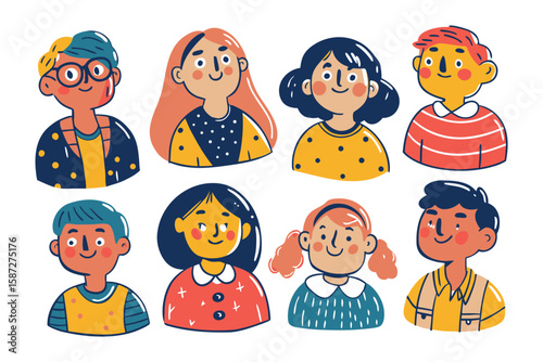 Collection of Joyful Faces: An artistic display of vibrant, smiling individuals showcases diversity, happiness, and positivity through a charming illustration of various cartoon faces. 