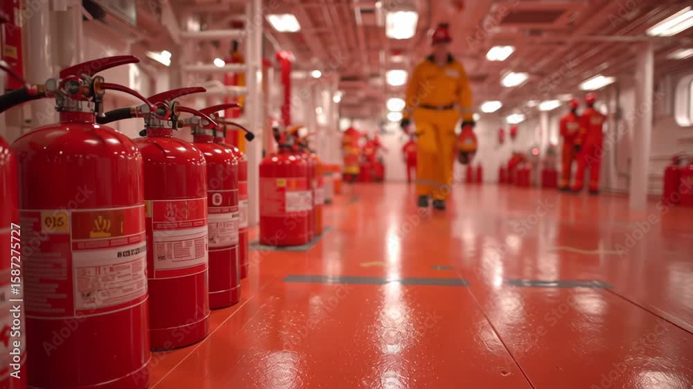 Red fire extinguishers line the polished floor of a spacious industrial facility. Workers in protective gear are visible in the background, emphasizing safety and preparedness