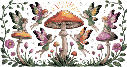 Fairies dancing around magical mushrooms and flowers fantasy toadstools
