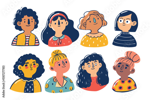 Collection of Diverse Female Portraits: A charming array of hand-drawn illustrations showcasing the individuality of various women, each exuding a unique expression and style.