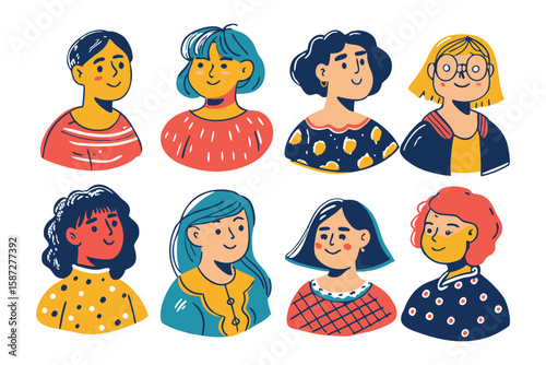 Diversity Portraits: A vibrant collection of diverse female portraits, each with a unique style, color palette, and expression, symbolizing individuality and female representation.