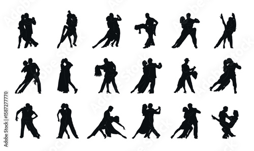 Argentine tango Couple in action, vector illustration. Set. A mesmerizing image of a couple performing the rhythmic movements of a popular tango dance. Ideal for dance studios, event poster
