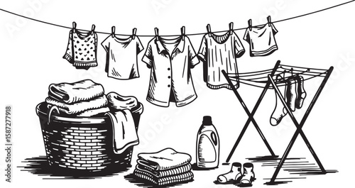 Laundry day clothes drying on a line and rack vector