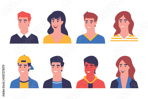 Diverse Portraits: A collection of eight vibrant and modern avatar portraits, showcasing individuality and representing a wide array of personal styles and looks.