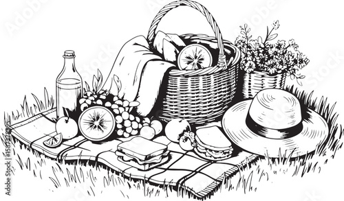 Picnic basket with food and drink on checkered blanket in grass sandwiches