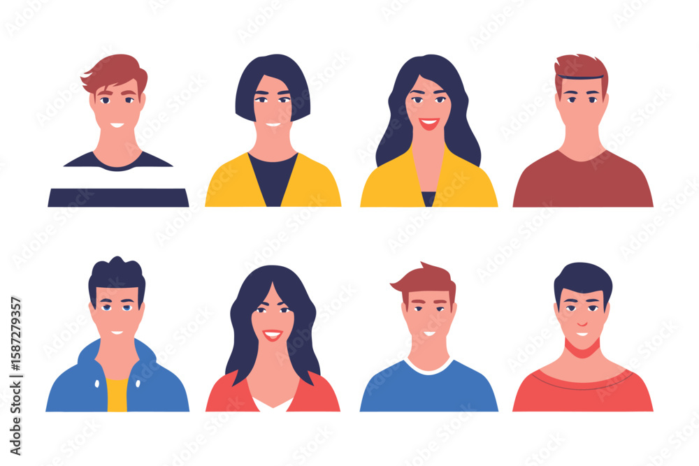 Fototapeta premium Diverse Portrait Collection: A collection of stylized headshots showcases a diverse array of individuals, each with unique facial features, skin tones, and hairstyles.